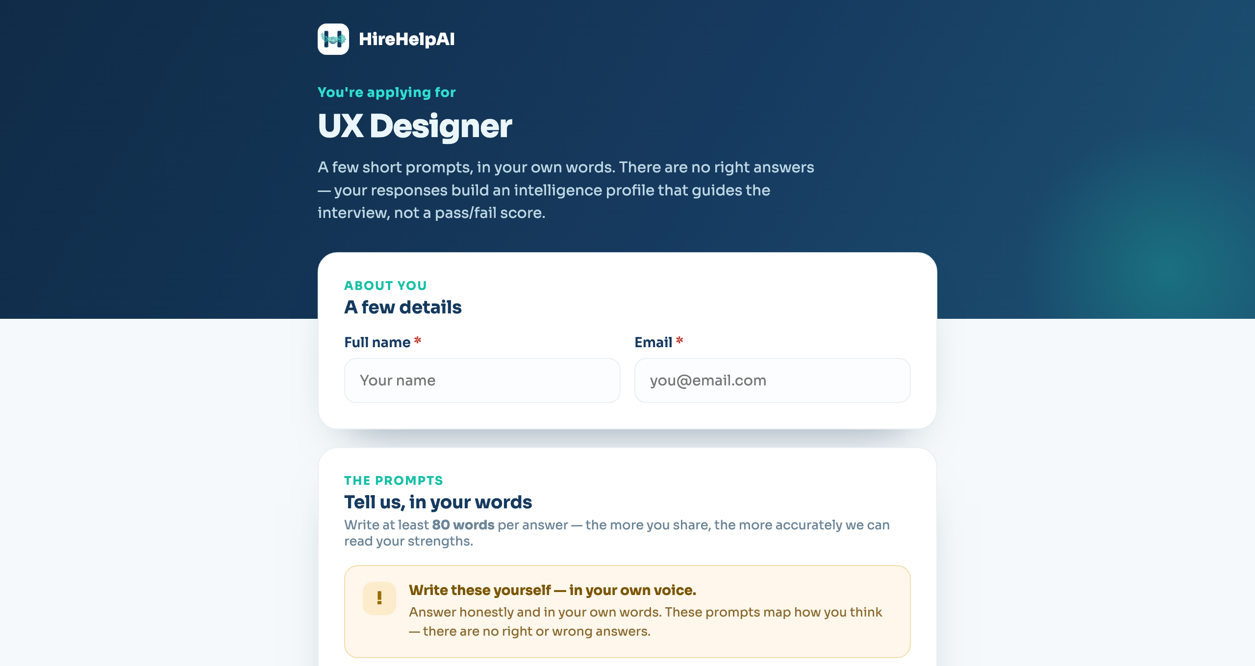HireHelp AI candidate application — a few short prompts