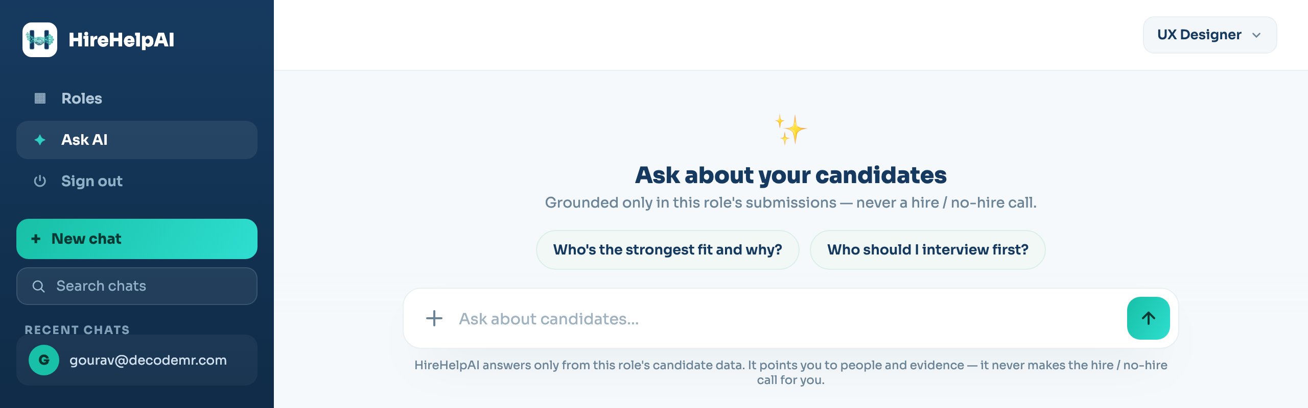 Ask AI about your candidate pool in HireHelp AI
