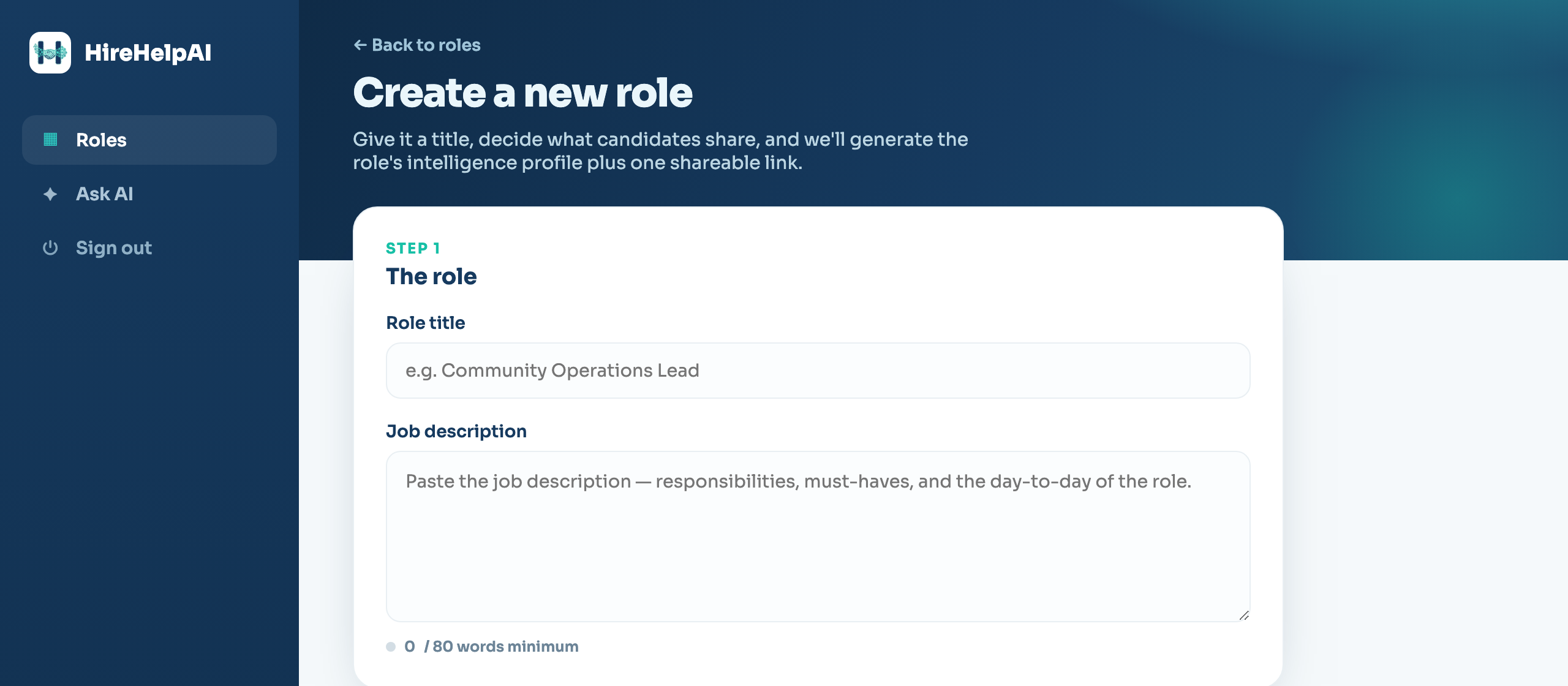 HireHelp AI form builder — describe the role and add custom fields
